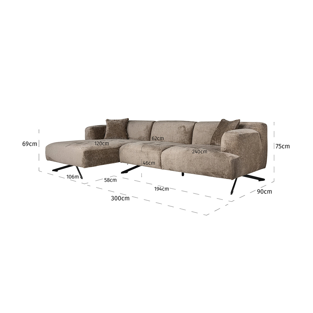 Couch Donovan 3sitzer + lounge links (Bergen 104 taupe chenille) - ZEN ZONE