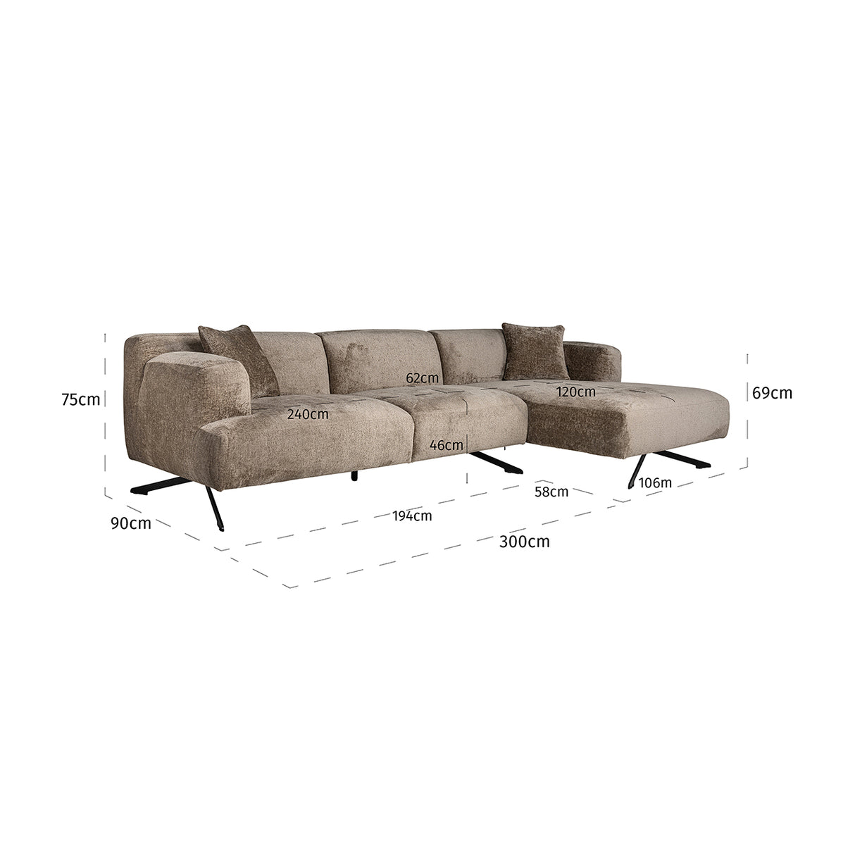 Couch Donovan 3sitzer + lounge rechts (Bergen 104 taupe chenille) - ZEN ZONE