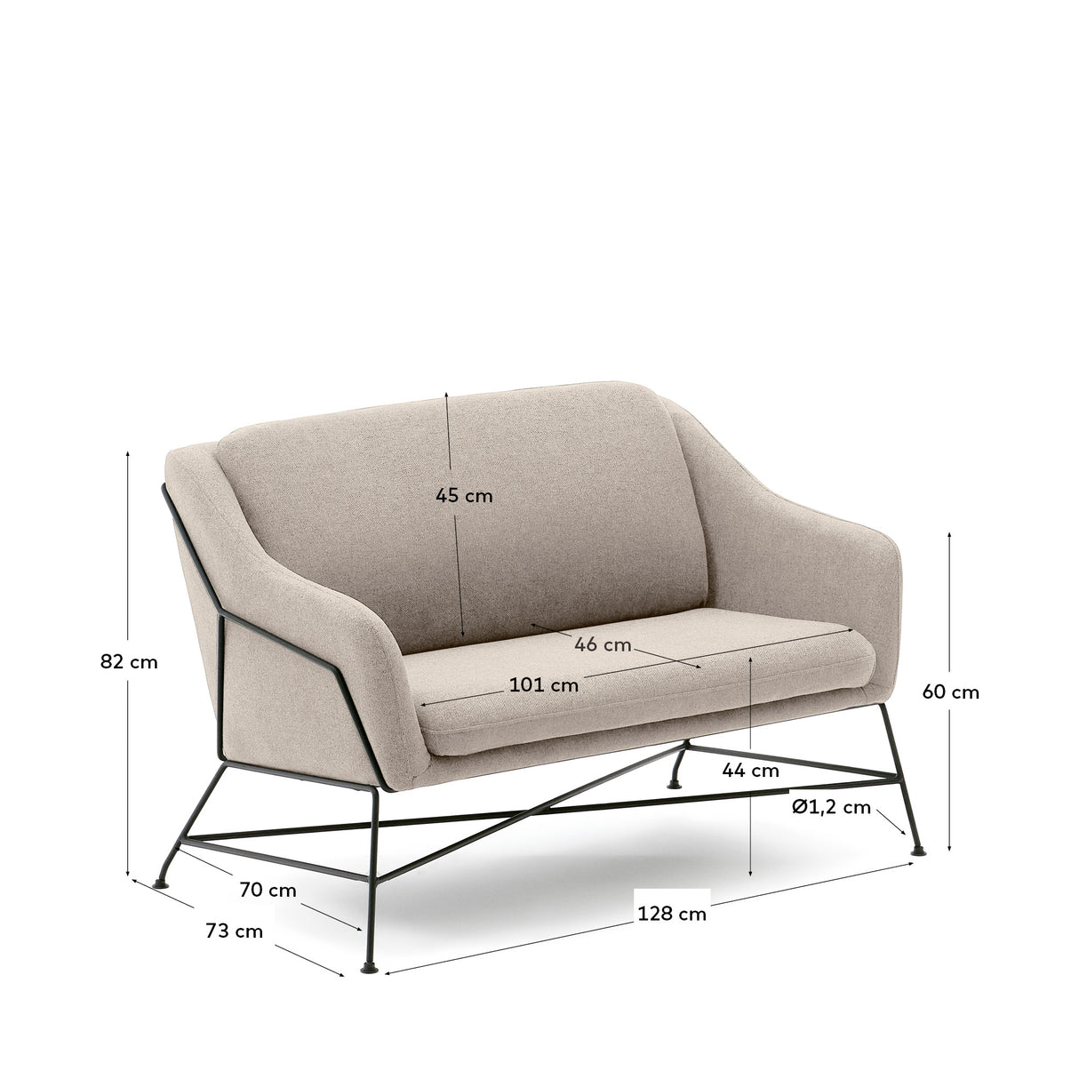 Brida 2-Sitzer-Sofa in Beige und Stahlbeine mit schwarzem Finish 128 cm - ZEN ZONE Furniture