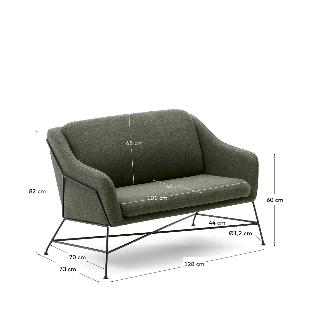 Brida 2-Sitzer-Sofa in Grün und Stahlbeine mit schwarzem Finish 128 cm - ZEN ZONE Furniture