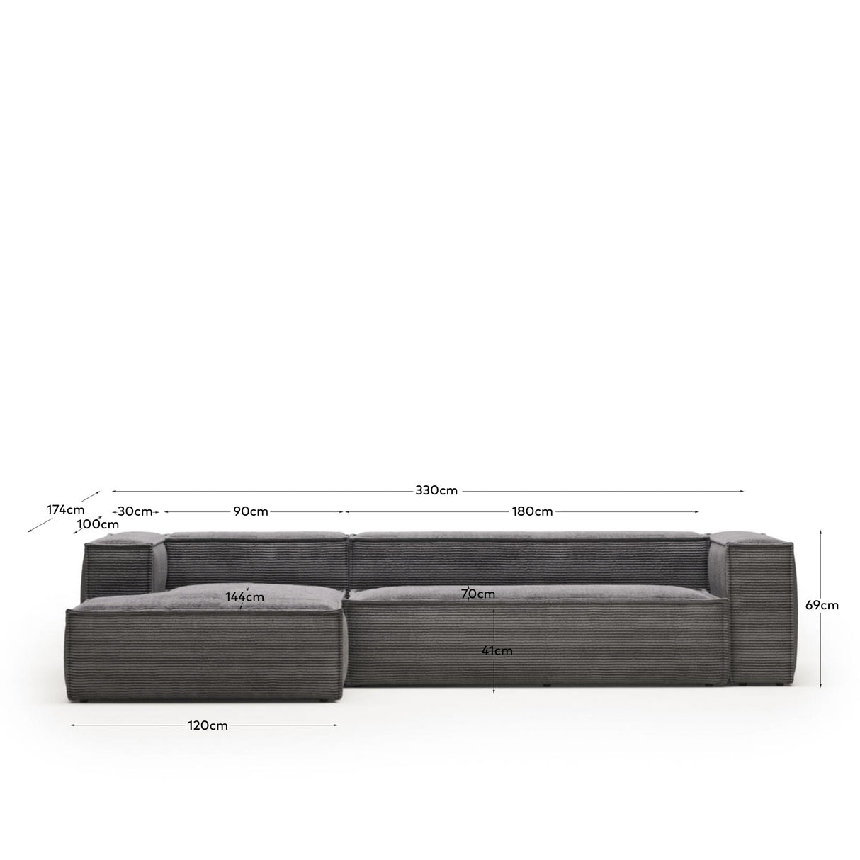 Blok 4-Sitzer-Sofa mit Chaiselongue links breiter Cord grau 330 cm - ZEN ZONE