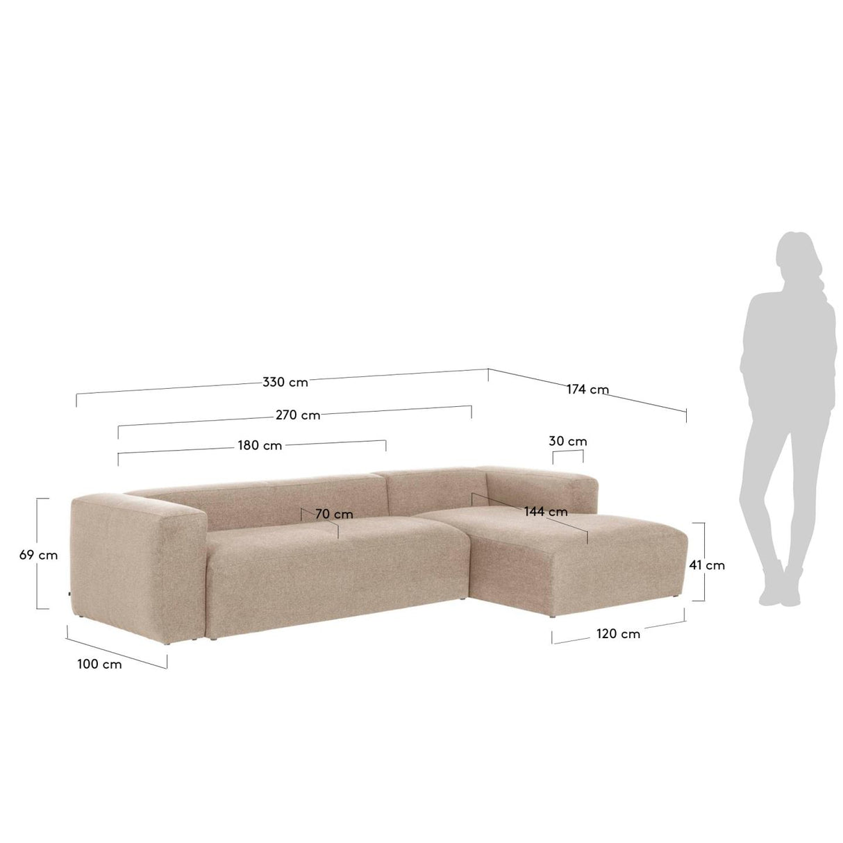 Blok 4-Sitzer Sofa mit Chaiselongue rechts beige 330 cm - ZEN ZONE