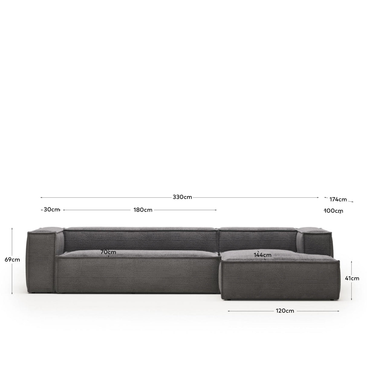 Blok 4-Sitzer-Sofa mit Chaiselongue rechts breiter Cord grau 330 cm - ZEN ZONE