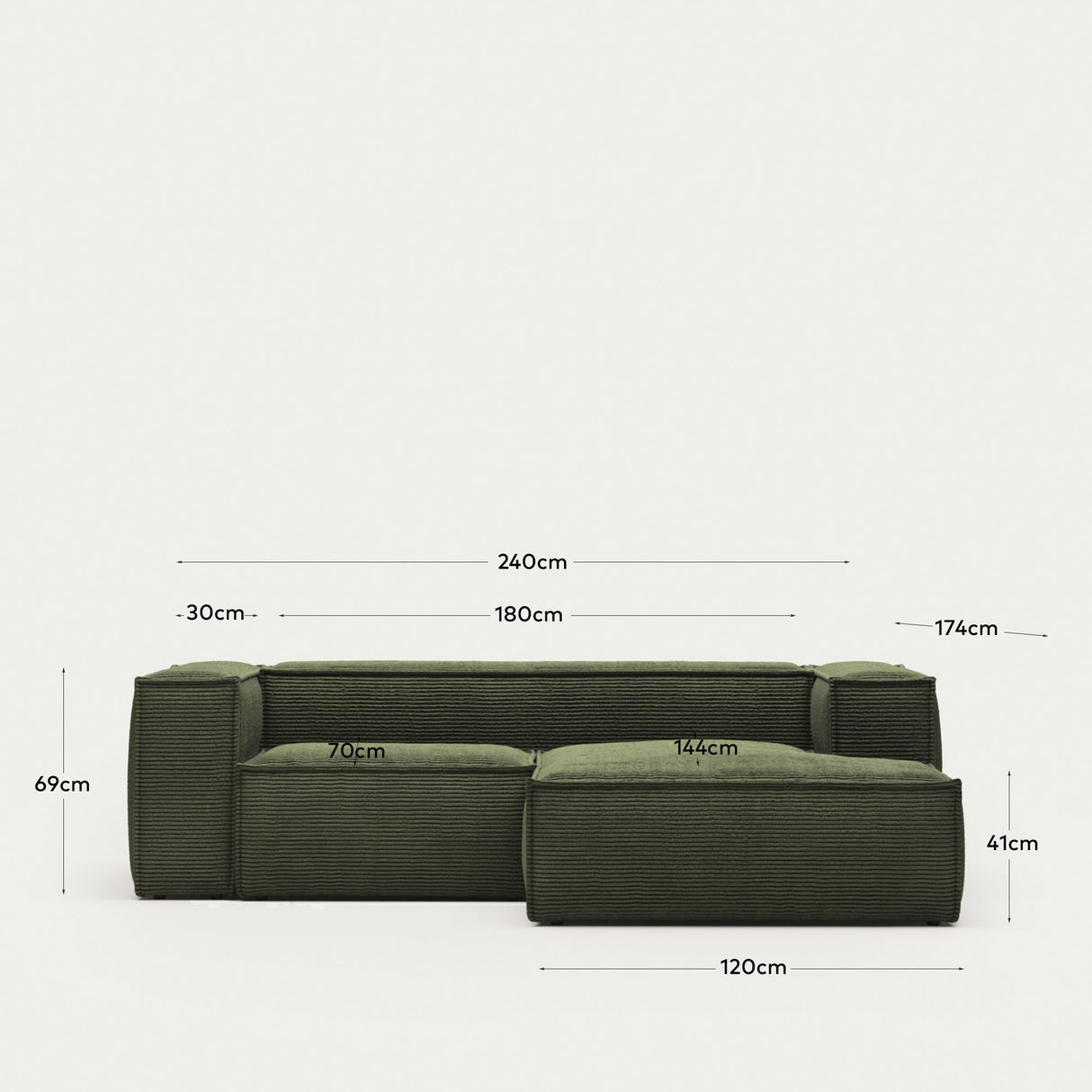 Blok 2-Sitzer-Sofa mit Chaiselongue rechts breiter Cord grün 240 cm - ZEN ZONE