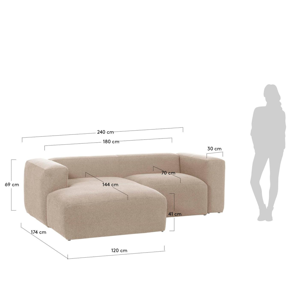 Blok 2-Sitzer Sofa mit Chaiselongue links beige 240 cm - ZEN ZONE