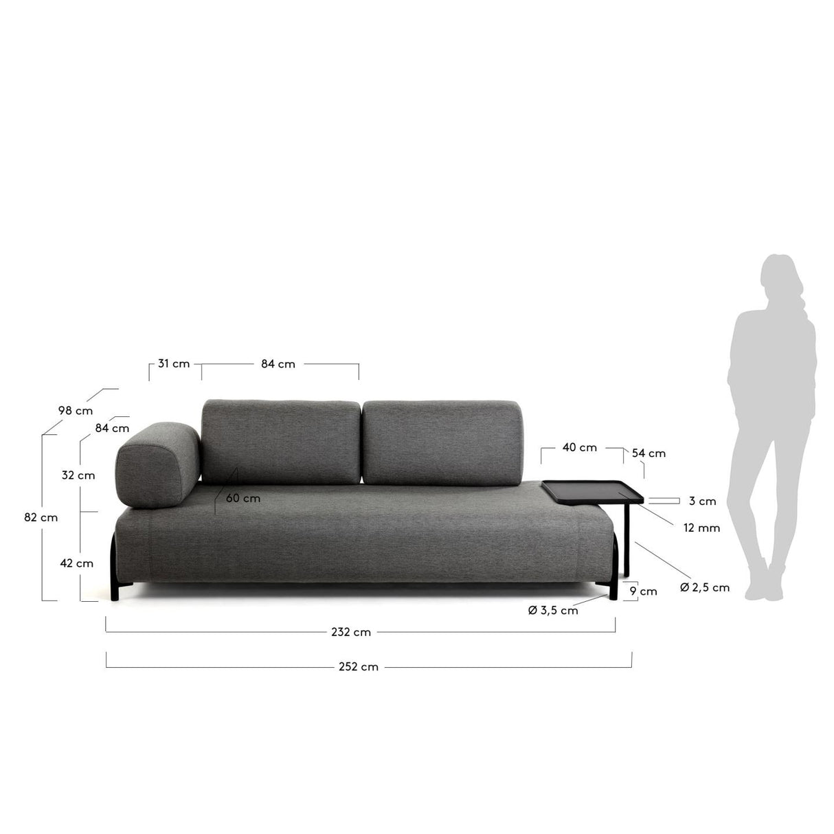 Compo 3-Sitzer Sofa dunkelgrau mit großem Tablett 252 cm - ZEN ZONE