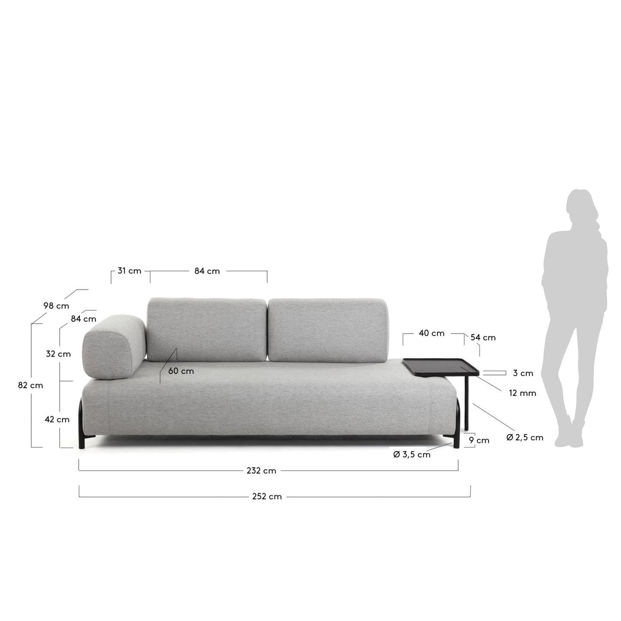 Compo 3-Sitzer Sofa hellgrau mit großem Tablett 252 cm - ZEN ZONE