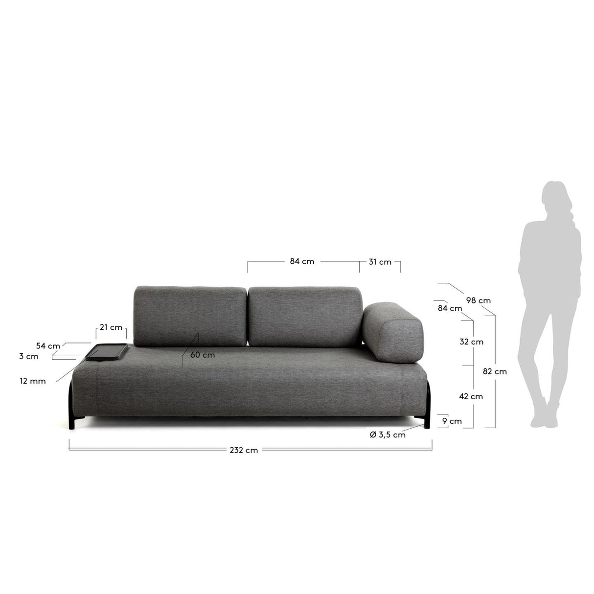 Compo 3-Sitzer Sofa dunkelgrau mit kleinem Tablett 232 cm - ZEN ZONE