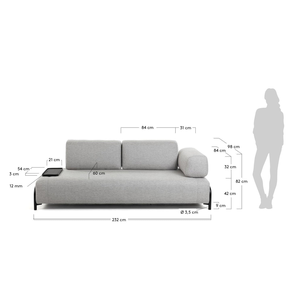 Compo 3-Sitzer Sofa hellgrau mit kleinem Tablett 252 cm - ZEN ZONE