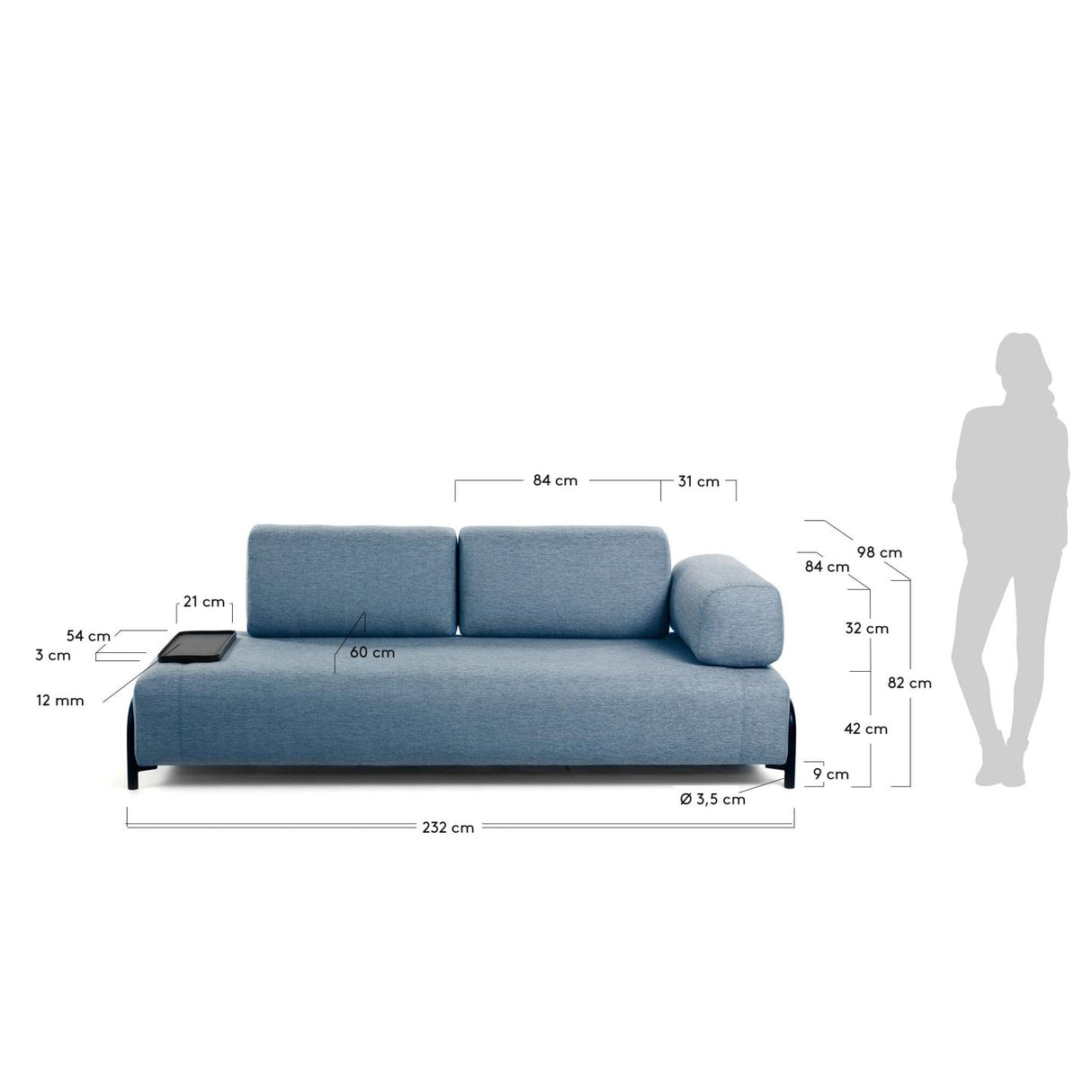 Compo 3-Sitzer Sofa blau mit kleinem Tablett 232 cm - ZEN ZONE