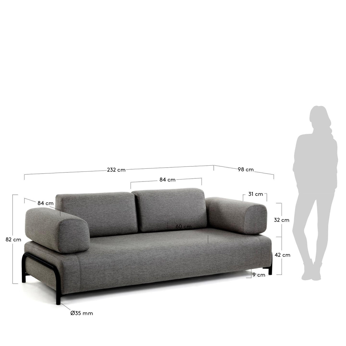 Compo 3-Sitzer Sofa dunkelgrau 232 cm - ZEN ZONE