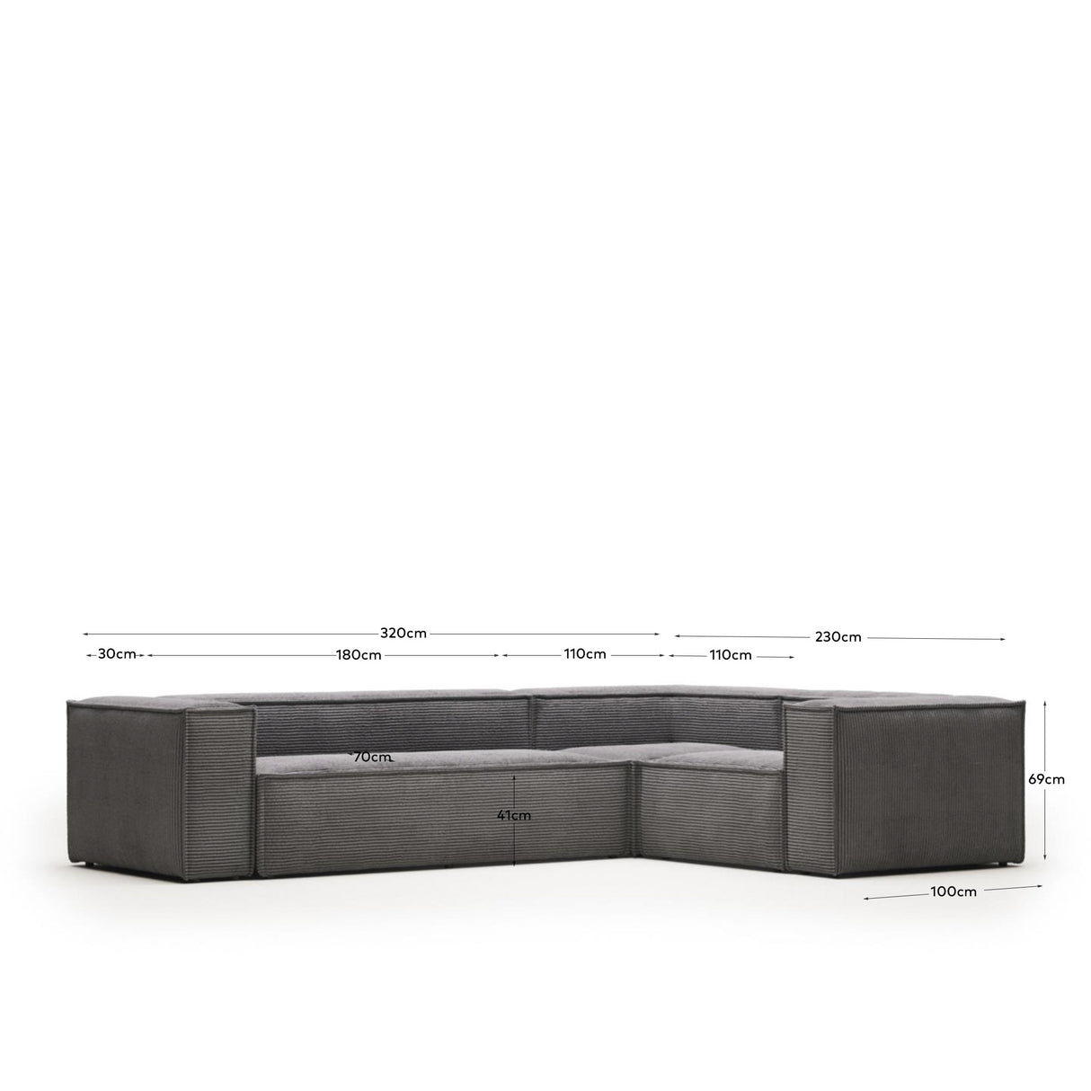 Blok 4-Sitzer Ecksofa in grauem Cord 320 x 230 cm / 230 x 320 cm - ZEN ZONE