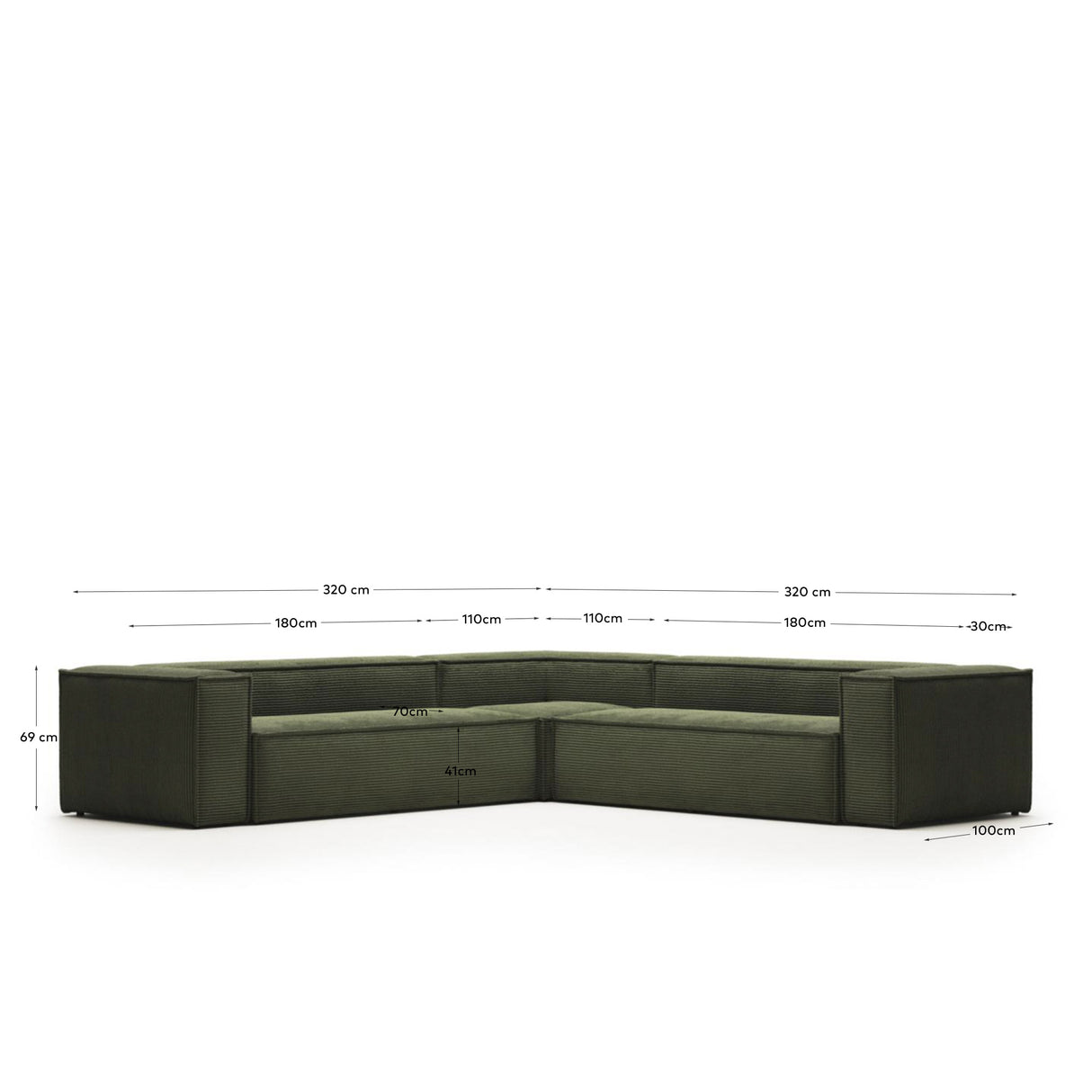 Blok 6-Sitzer Ecksofa dicker Cord grün 320 x 320 cm - ZEN ZONE