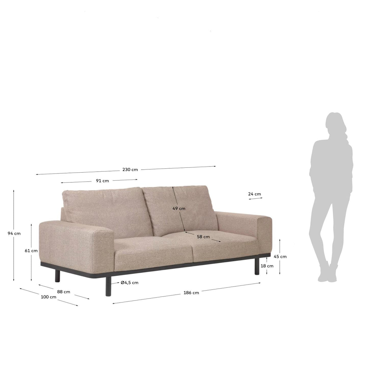 Noa 3-Sitzer Sofa beige und Beine mit dunklem Finish 230 cm - ZEN ZONE