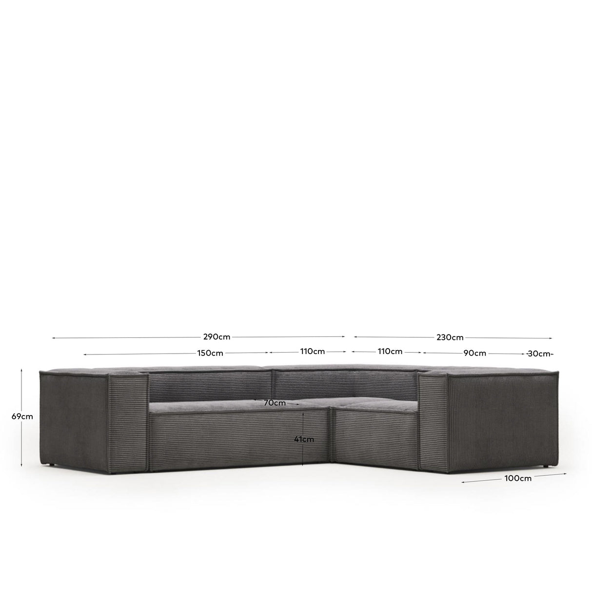 Blok 3-Sitzer-Ecksofa breiter Cord grau 290 x 230 cm / 230 cm 290 cm - ZEN ZONE