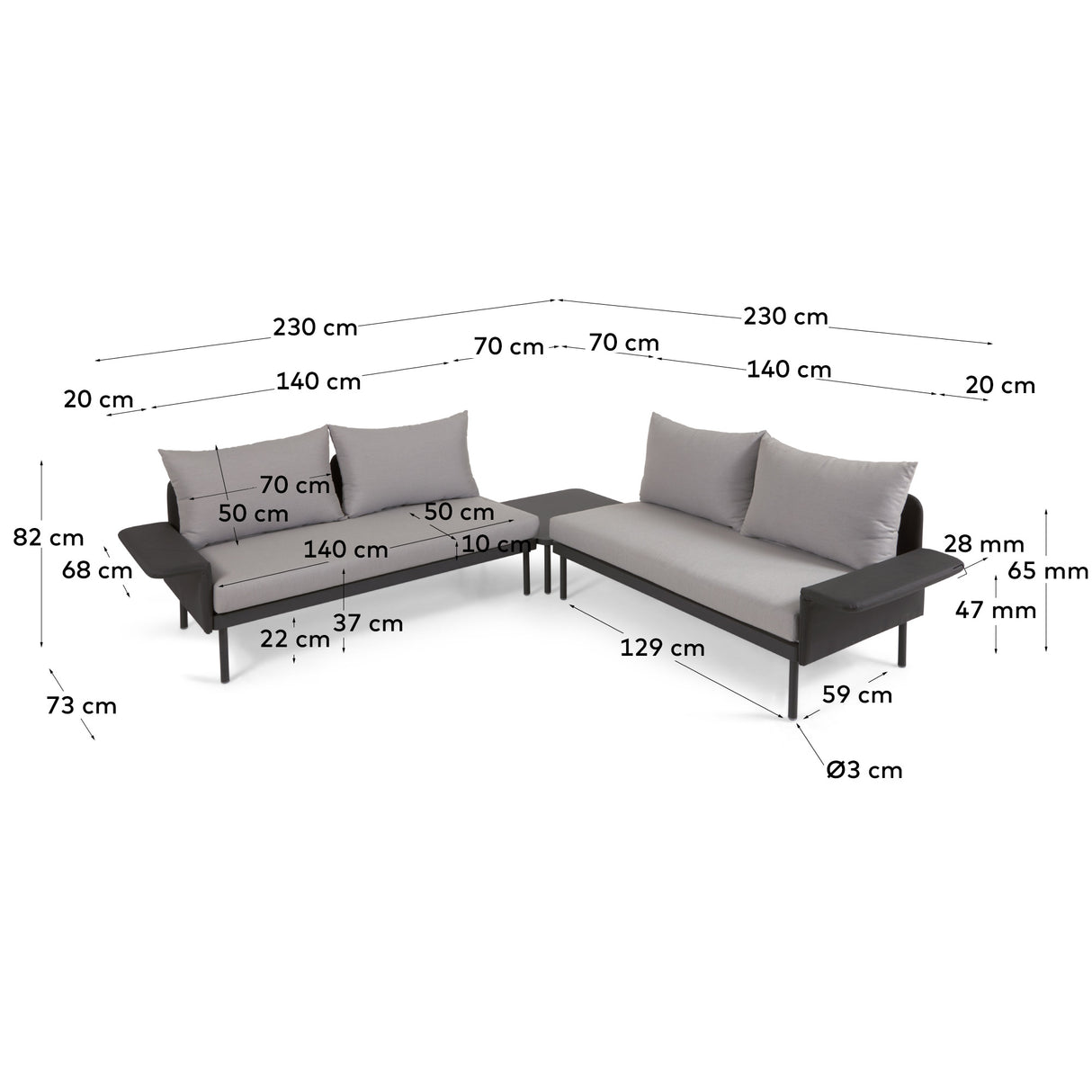 Gartenset Zaltana aus Ecksofa und Tisch aus Aluminium schwarz matt lackiert 164 cm - ZEN ZONE