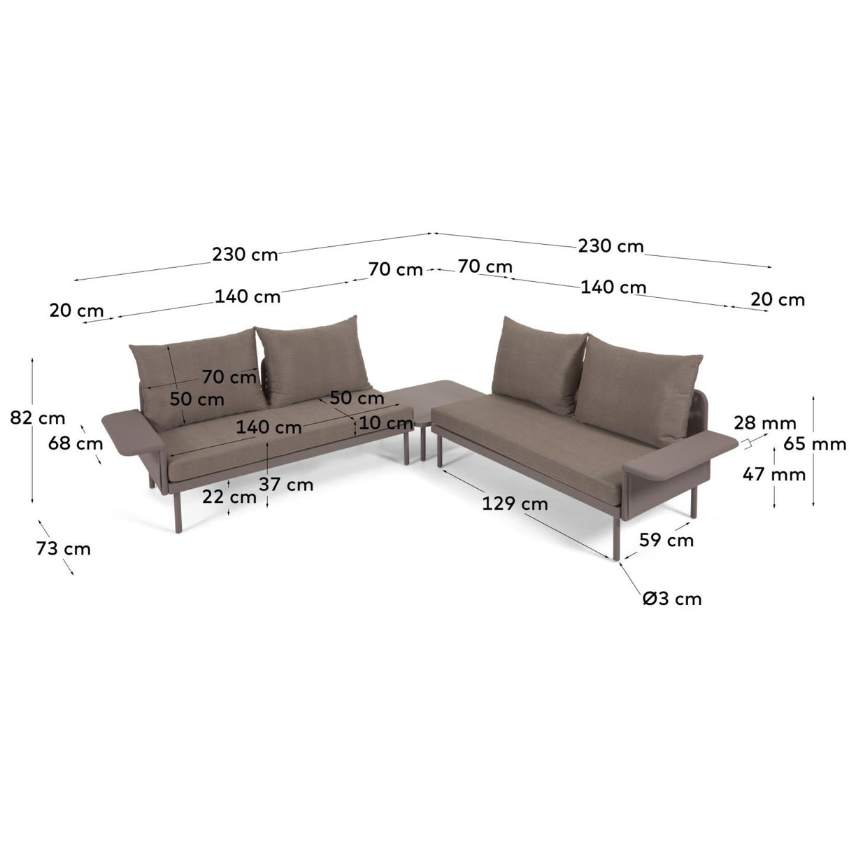 Zaltana Gartenset aus Ecksofa und Tisch aus Aluminium braun matt lackiert 164 cm - ZEN ZONE