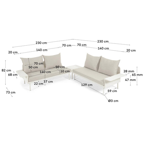 Zaltana Gartenset aus Ecksofa und Tisch aus Aluminium weiß matt lackiert 164 cm - ZEN ZONE