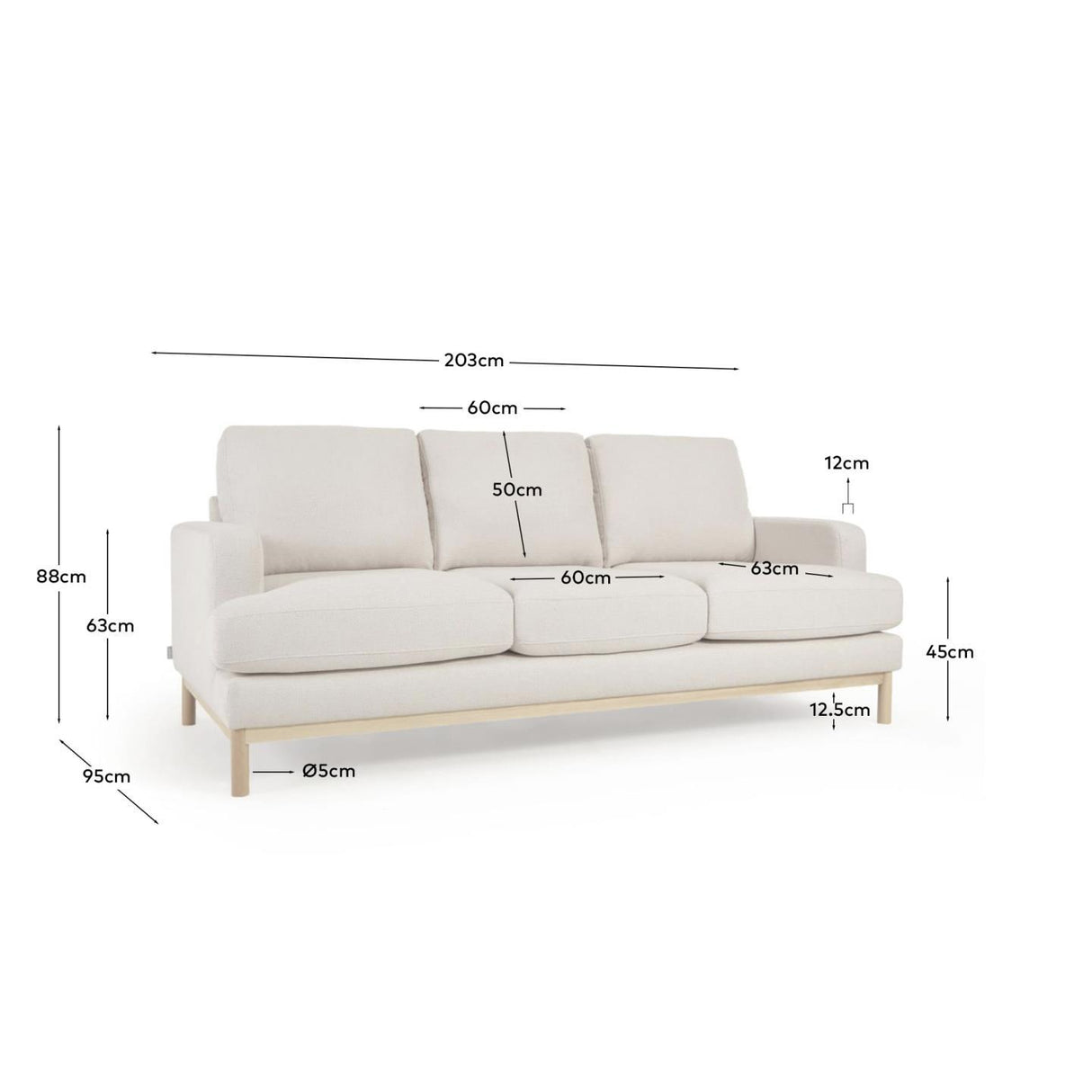 Sofa Mihaela für 3 Sitzer mit Mikro-Bouclé-Bezug in Weiß 203 cm FSC Mix Credit - ZEN ZONE Furniture