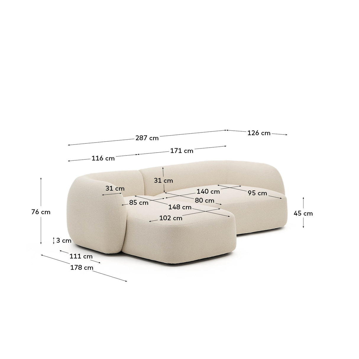 Martina modulares 3-Sitzer-Sofa in Chenille mit Chaiselongue links Écru 287 cm - ZEN ZONE Furniture