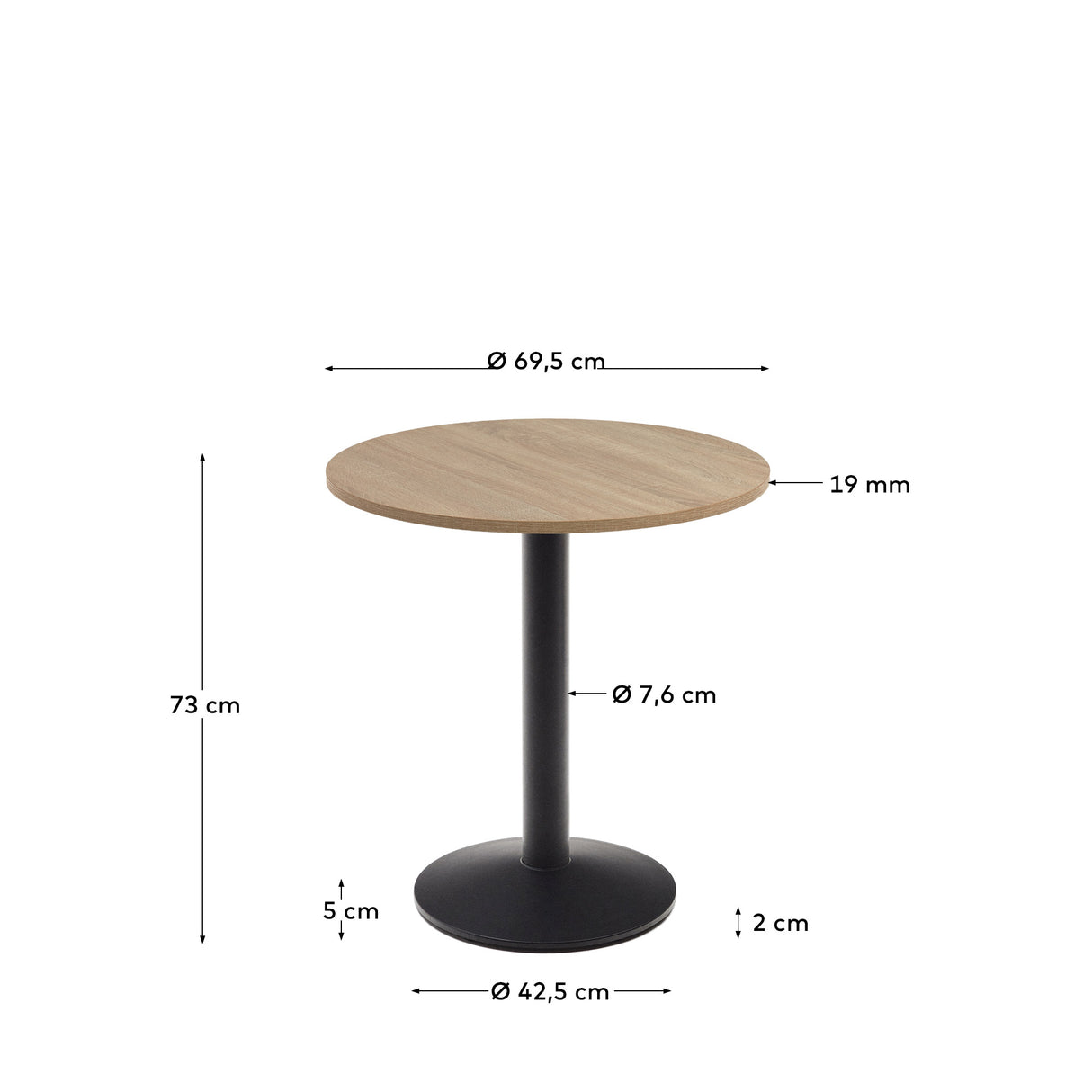 Esilda runder Tisch Melamin naturfarben Metallbein mit schwarzer Lackierung Ø70x70 cm - ZEN ZONE