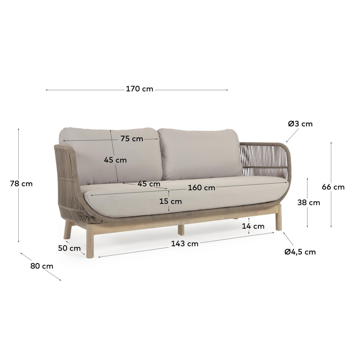 Catalina 3-Sitzer Sofa aus beigem Seil und massivem Akazienholz 170 cm 100% FSC - ZEN ZONE